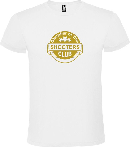 Wit T shirt met " Member of the Shooters club "print Goud size S