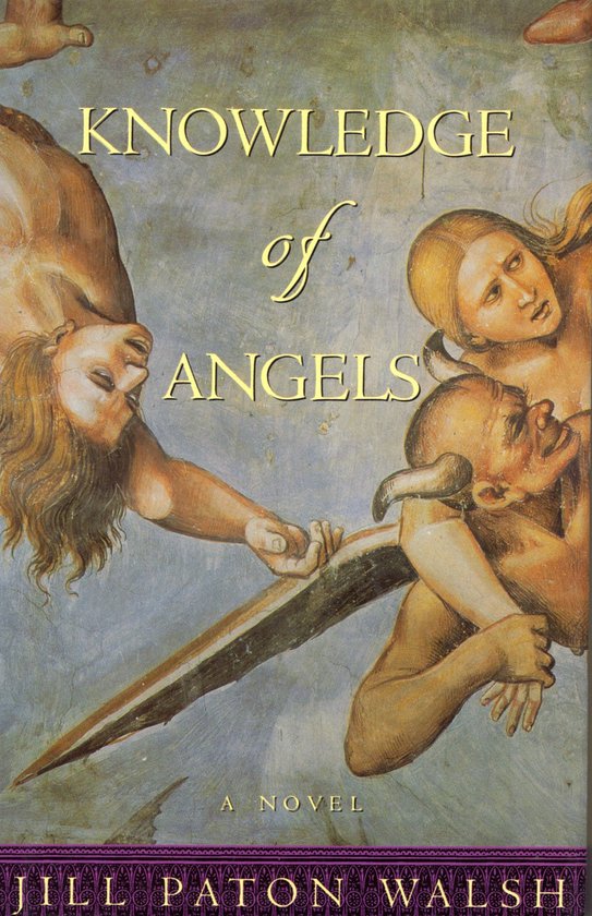 Boekomslag van 'Knowledge of Angels' met een schildering van een worsteling tussen mensen en een duivel, met de titel en auteur in goudkleurige letters.