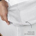 Een hand toont de extra rek en elasticiteit van een wit jersey hoeslaken.