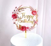 Taart Decoratie - Verjaardag - Taarttopper - Happy Birthday - Goud - Bloemen