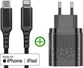 Thunder Dual Charger 20w met Ultra Strong Nylon USB-C naar Lightning Kabel 1m - Zwart - Geschikt voor iPhone - iPad -  MFi Gecertificeerd
