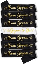 Set met 7 sjerpen Groom en Team Groom zwart en wit met goud opdruk - sjerp - bruid - bruidegom - bride - groom