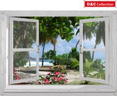 D&C Collection - tuinposter - 90x65 cm - doorkijk - Wit luxe venster met rode bloemen, palmboom, strand en boten - tuin decoratie - tuinposters buiten - schuttingposter - tuinschil