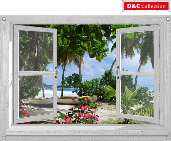 D&C Collection - tuinposter - 90x65 cm - doorkijk - Wit luxe venster met rode bloemen, palmboom, strand en boten - tuin decoratie - tuinposters buiten - schuttingposter - tuinschilderij