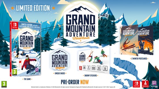 Nintendo Switch spelhoes en extra's: Grand Mountain Adventure Wonderlands Limited Edition met winterposters, badge en stickers.