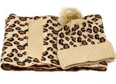 Gebreide set beige/bruin sjaal + muts dierenprint - Winterse set met beanie en sjaal panterprint