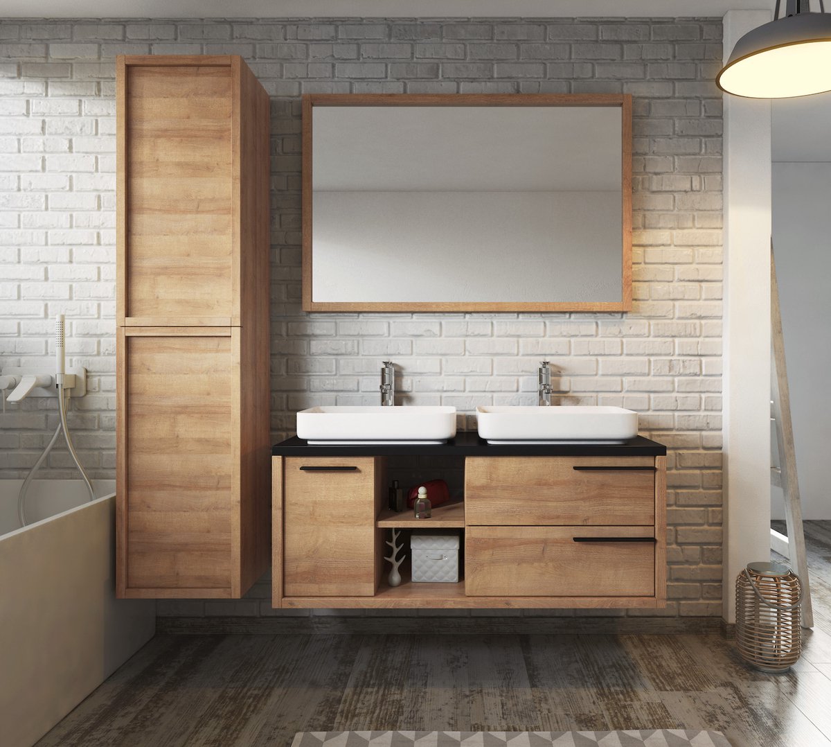 Badkamermeubel Vermont 120 cm met extra badkamerkast (complete set) - Bamboo met zwart