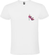 Wit t-shirt met Kleine pump/hoge hak gevuld met Make-Up print size XS