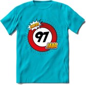 97 Jaar Hoera Verkeersbord T-Shirt | Grappig Verjaardag Cadeau | Dames - Heren | - Blauw - M