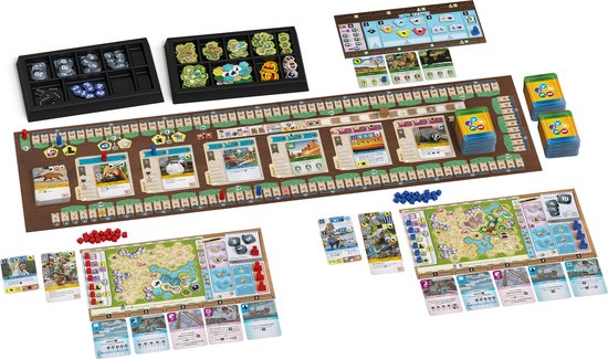 Bordspel Ark Nova met speelbord, kaarten, pionnen, blokjes en bakjes.