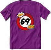 69 Jaar Hoera Verkeersbord T-Shirt | Grappig Verjaardag Cadeau | Dames - Heren | - Paars - L