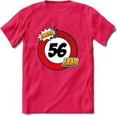 56 Jaar Hoera Verkeersbord T-Shirt | Grappig Verjaardag Cadeau | Dames - Heren | - Roze - XXL