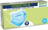 Merbach medisch mondmasker blauw IIR 3-lgs PP elastiek 50 stuks