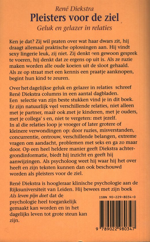 Achterkant van het boek 'Pleisters voor de ziel' van René Dijkstra met tekst over geluk en relaties. ISBN 90-229-8034-0.