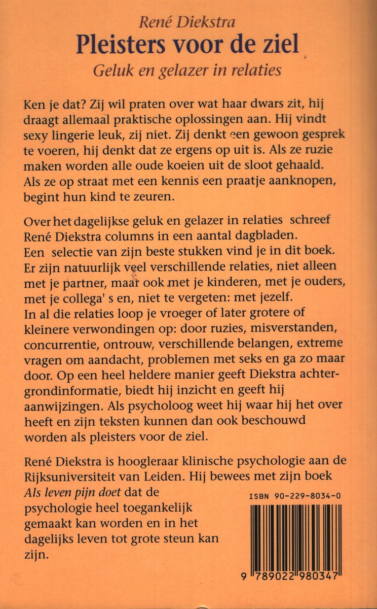 Achterkant van het boek 'Pleisters voor de ziel' van René Dijkstra met tekst over geluk en relaties. ISBN 90-229-8034-0.