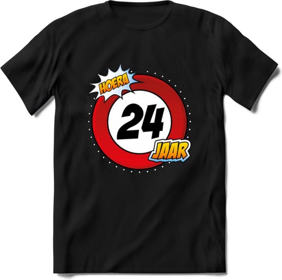 24 Jaar Hoera Verkeersbord T-Shirt | Grappig Verjaardag Cadeau | Dames - Heren | - Zwart - XL