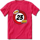 23 Jaar Hoera Verkeersbord T-Shirt | Grappig Verjaardag Cadeau | Dames - Heren | - Roze - XL