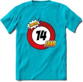14 Jaar Hoera Verkeersbord T-Shirt | Grappig Verjaardag Cadeau | Dames - Heren | - Blauw - XL