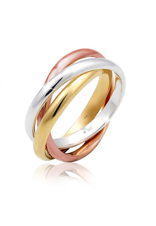 Dri COLORS ring van zilver, goud en roségoud, met inscriptie 'Ag 925'.