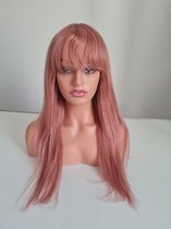 Frazimashop Braziliaanse Remy pruik 24 inch steil roze pruik met pony - real human hair