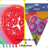 Vlaggenlijn 80 jaar & 6 Ballonnen met 80 opdruk, Verjaardag.