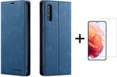 Luxe PU leren Bookcase voor Samsung Galaxy S22 Ultra | Hoogwaardig Leren Hoesje | Telefoonhoesje | Portemonnee | Blauw + 1x Screenprotector