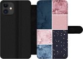 Bookcase Geschikt voor iPhone 11 telefoonhoesje - Marmer print - Roze - Blauw - Met vakjes - Wallet case met magneetsluiting