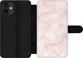 Bookcase Geschikt voor iPhone 12 telefoonhoesje - Marmer print - Rosé - Chic - Met vakjes - Wallet case met magneetsluiting