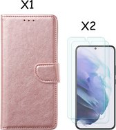 Samsung S22 hoesje Rose Goud Samsung Galaxy S22 5G hoesje bookcase portemonnee cover - Samsung hoesje S22 - Samsung S22 screenprotector / 2X Beschermglas