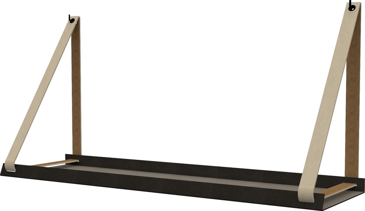 Handles and more - Stalen wandplank zwart 70cm + leren plankdragers Creme