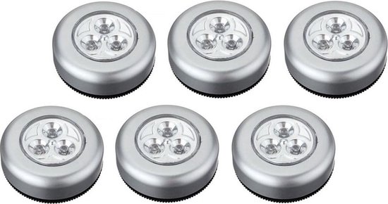 Luxe Zilveren Zelfklevende -Heble® -LED Druklampen Set - 6 Stuks | Werkt Zonder Stopcontact |3 LED per Mini Spot Lamp - Push Light - Druk Lamp - Licht voor Voorraadkasten - Auto's en Boten