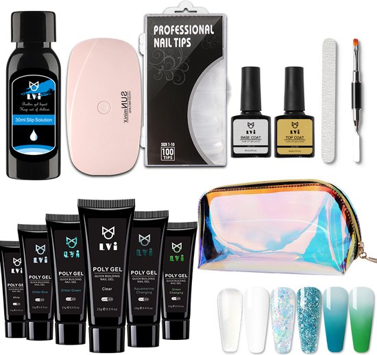 Elvi Polygel Starterskit -Complete Set inc. USB UV/Led mini lamp-6x15g Polygel kleuren Blauw – Nagelverlenging Polyacryl UV Nagellak-Quick…