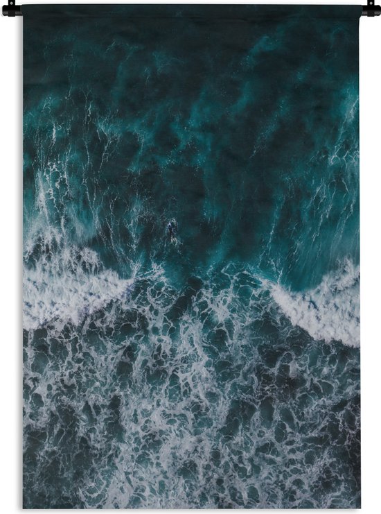 Wandkleed Golven  - Vogelperspectief surfer op het water Wandkleed katoen 60x90 cm - Wandtapijt met foto