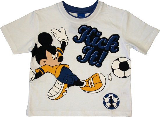 Disney - Jongens Kleding - Mickey Mouse - T-shirt - Wit - Voetballen - Maat 128