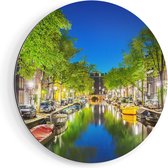 Artaza Dibond Muurcirkel Amsterdamse Gracht In De Nacht - Ø 40 cm - Klein - Wandcirkel - Rond Schilderij - Voor Binnen en Buiten