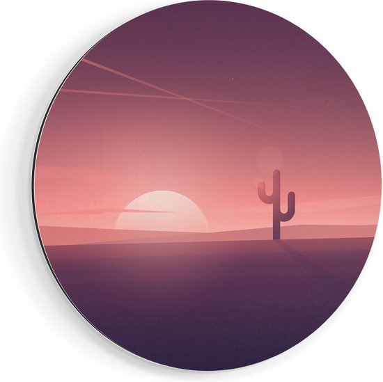 Artaza Dibond Muurcirkel Zonsondergang In De Woestijn Met Een Cactus - Ø 40 cm - Klein - Wandcirkel - Rond Schilderij - Voor Binnen en Buiten