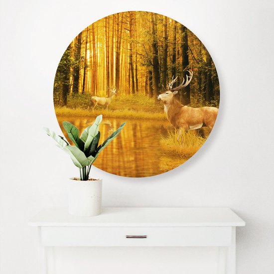 Cercle Mural Artaza Dibond - Deux Cerfs Dans La Forêt Près De L' Water - Ø 40 cm - Klein - Cercle Mural - Tableau Rond - Pour Intérieur Et Extérieur