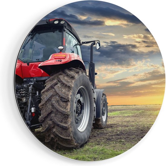 Artaza Dibond Muurcirkel Rode Tractor bij Zonsondergang - Trekker - Ø 40 cm - Klein - Wandcirkel - Rond Schilderij - Voor Binnen en Buiten