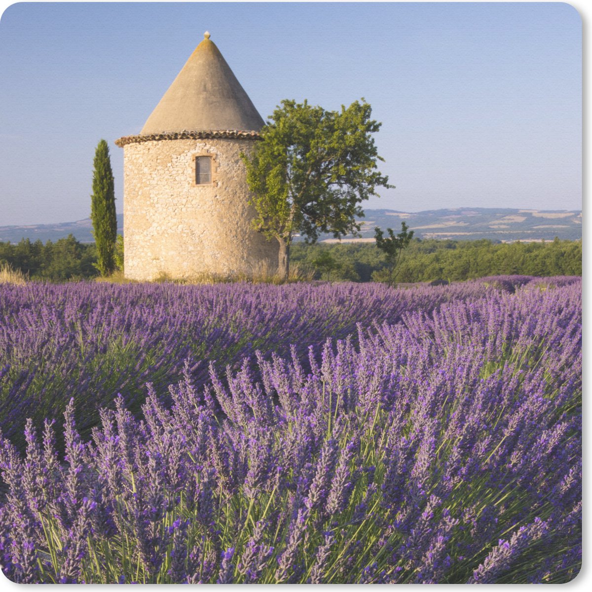 Muismat 20x20 cm - Mousepad Ronde toren bij lavendelveld in Frankrijk - Muismatten