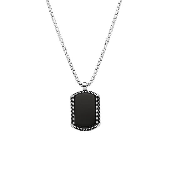 Lucardi Heren Ketting met hanger plaat zwart agaat - Staal - Ketting - Cadeau - Vaderdag - 55 cm - Zilverkleurig
