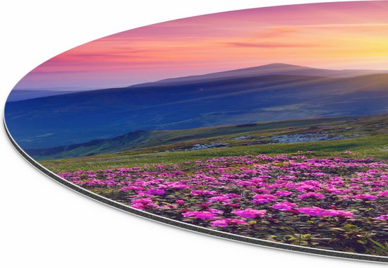 Artaza Cercle mural Dibond Champ de fleurs de rhododendrons roses - Montagnes - Ø 90 cm - Groot - Cercle mural - Peinture ronde - Pour intérieur et extérieur