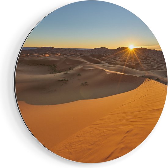 Artaza Dibond Muurcirkel Woestijn in de Sahara met een Opkomende Zon - Ø 90 cm - Groot - Wandcirkel - Rond Schilderij - Voor Binnen en Buiten