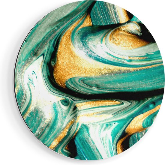 Artaza Dibond Muurcirkel - Abstracte Kunst - Groen met Gouden Verf - Ø 60 cm - Wandcirkel - Rond Schilderij - Voor Binnen en Buiten