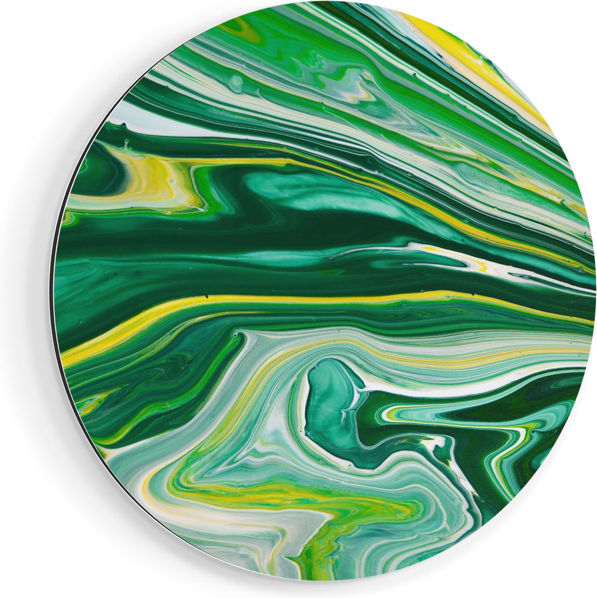 Artaza Dibond Muurcirkel Abstracte Kunst - Groen met Gele Verf - Ø 80 cm - Groot - Wandcir
