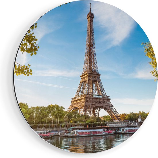 Artaza Dibond Muurcirkel Eiffeltoren In Parijs Aan Het Water - Ø 80 cm - Groot - Wandcirkel - Rond Schilderij - Voor Binnen en Buiten