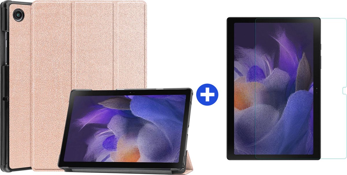 Arara Hoes Geschikt voor Samsung Galaxy Tab A8 (2021/2022) Tri-Fold tablethoes + tempered glass screenprotector - Goud