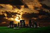 Celtic Tree - Canvas schilderij - Mystiek Stonehenge - 80x120cm - Wanddeco - Premium Canvas - Ondergaande zon - Stenen - Gras - Mystiek - Amesbury - Wiltshire - Engeland - UK -Kelt