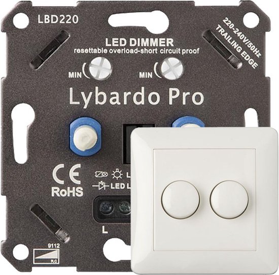 Duo dimmer LED - Met afdekplaat - 2 x 3-75W - Elektronische zekering - Universeel - Inbouw - Lybardo
