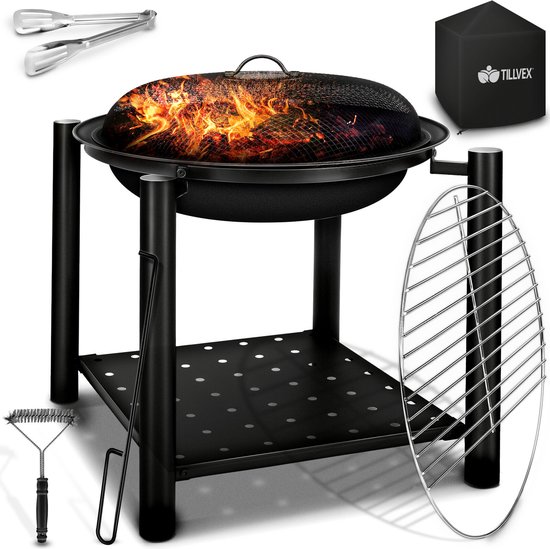 Outsunny 3-in-1 vuurschaal vuurkorf haard met vonkbescherming grillrooster tuin ijsemmer BBQ zwart 76 x 76 x 47 cm