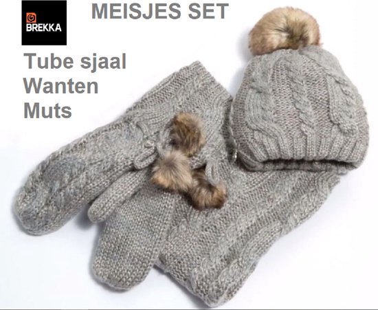 Meisjes set - Muts - tube sjaal - wanten - met pompom - grijs en lurex - one size